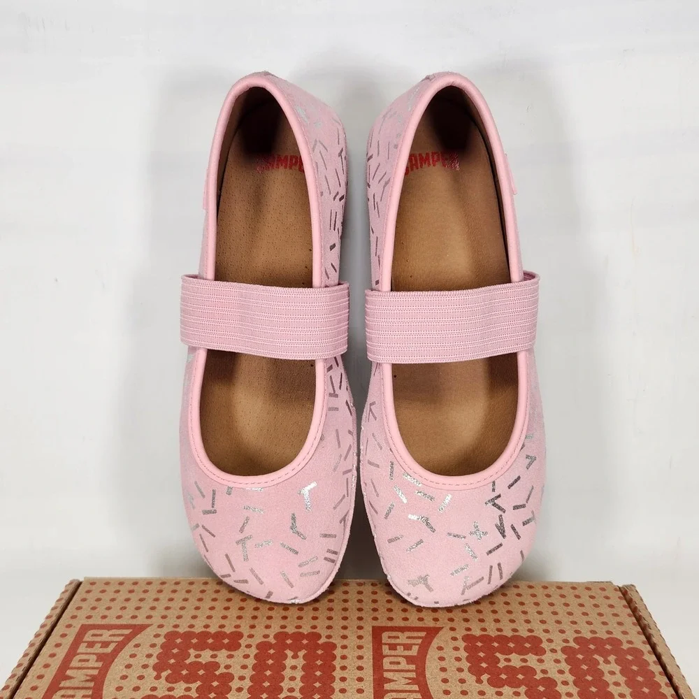 Camper Right Kids Ballet Flat Size 2 Pink Silver Confetti Metallic Suede Shoe